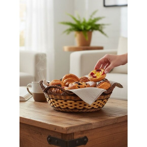 Unbranded Other - Handwoven Wicker Basket With Braided Scalloped Rim - Multicolor